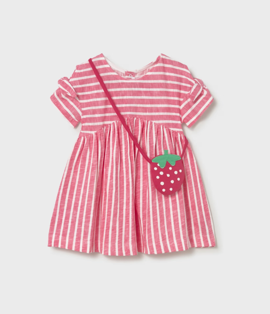 Mayoral Stripe Print Dress & Strawberry Bag Style 1919 -Geranium